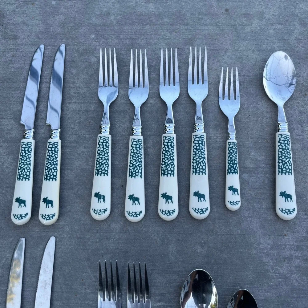 Tienshan Mixed Wildlife Flatware Lot Stainless Steel Wolf Moose Cabin Lodge 14pc